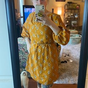 LOFT XS, Golden Yellow, floral pattern, 3/4 sleeve dress.